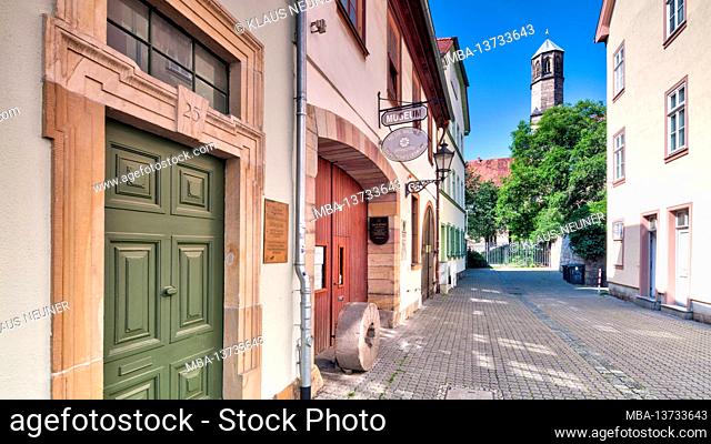 Old mill, museum, house facade, Predigerkirche, church tower, alley, old town, summer, Erfurt, Thuringia, Germany, Europe