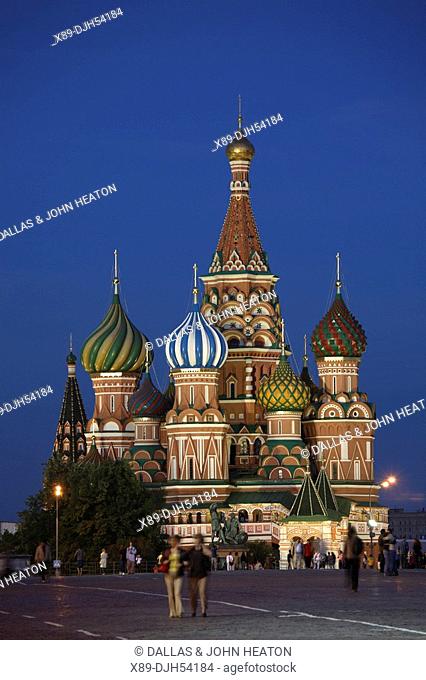 Russia, Moscow, Red Square, St Basils Cathedral, Floodlit