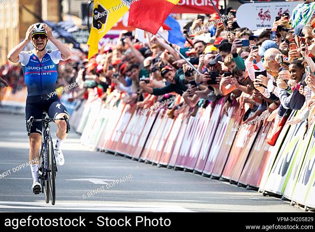 Belgian Remco Evenepoel of Quick-Step Alpha Vinyl celebrates as he crosses the finish line to win the Liege-Bastogne-Liege one day cycling race, 257