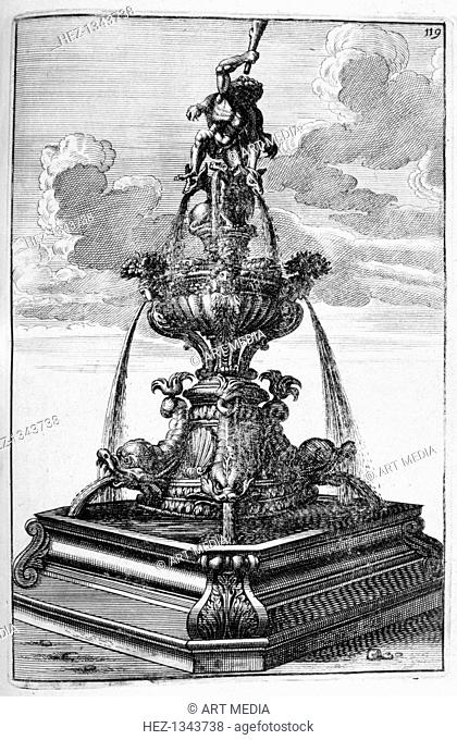 Fountain design, 1664. Elaborate designs for Baroque fountains for public squares and private country house gardens in the French, German