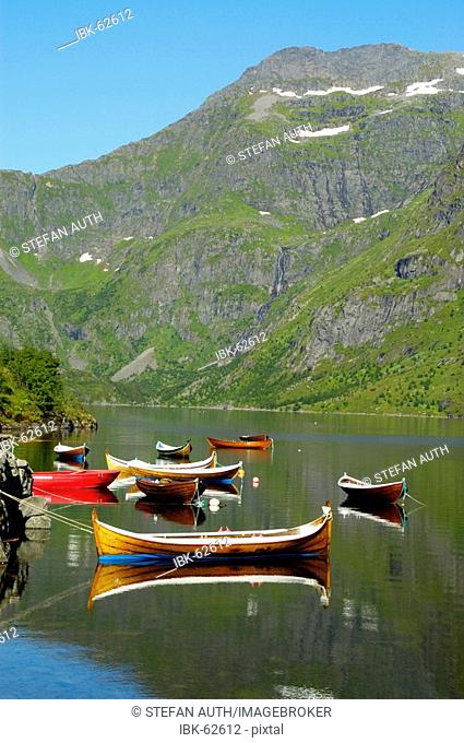 Rowing boats on the lake Agvatnet Moskenesoya Lofoten Norway