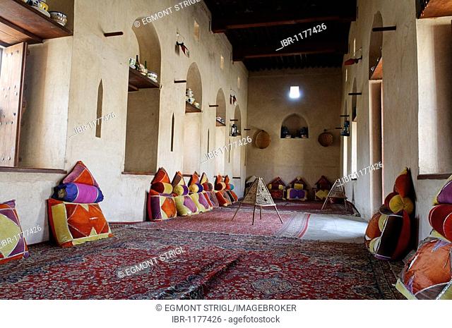Traditional Arabian sitting room, historic adobe fortification Nakhal, Nakhl Fort or Castle, Hajar al Gharbi Mountains, Batinah Region, Sultanate of Oman