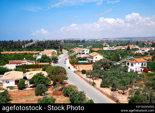 The residential houses on Saint Efstathios street as seen from the top of keep tower of Kolossi Castle. Kolossi village. Limassol District. Cyprus