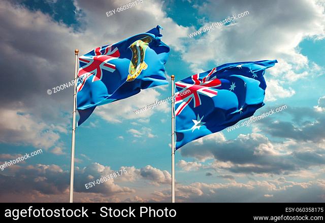 Beautiful national state flags of Australia and British Virgin Islands together at the sky background. 3D artwork concept