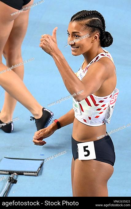 Belgian Nafissatou Nafi Thiam celebrates after winning the 60m hurdles race of the women pentathlon event of the European Athletics Indoor Championships