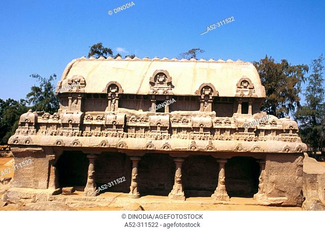 Richly carved monolithic Ratha. The Five Rathas. Mamallapuram. Tamilnadu. India