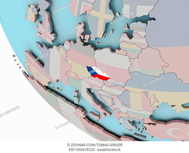 Map of Czech republic on political globe with embedded flags. 3D illustration