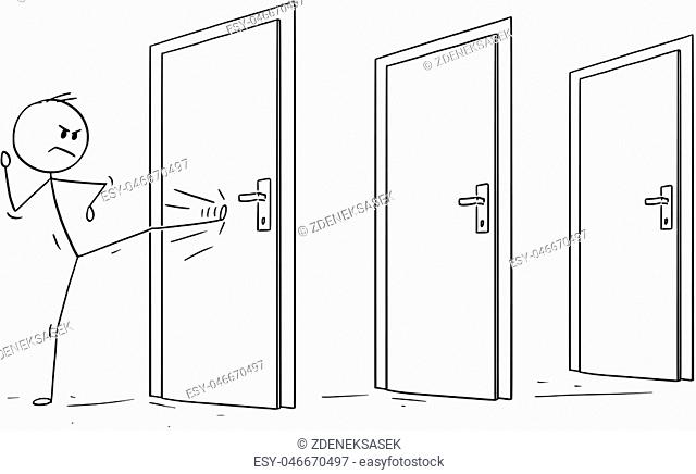 Cartoon stick drawing conceptual illustration of man or businessman kicking the locked door. First of many in his way. Business concept of overcoming obstacles