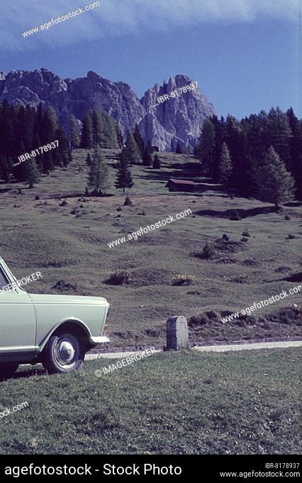 Rest area on the Niger Pass road, Catinaccio massif, Dolomites, South Tyrol, Italy, Sixties, Europe