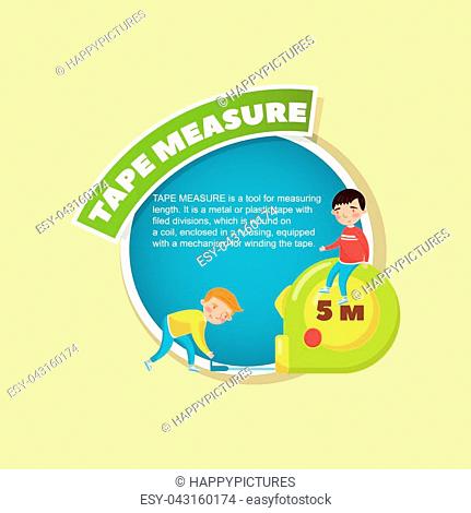 Tape measure tool description, little boys using giant measuring tape, creative poster with text vector illustration, web design