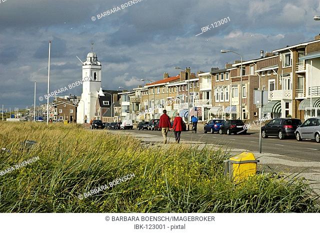 Water front and church, Katwijk aan Zee, South Holland, Holland, The Netherlands