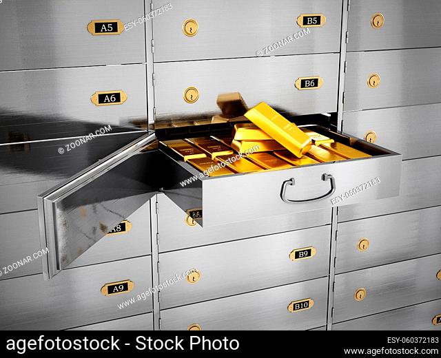 Gold ingots inside private bank deposit box. 3D illustration