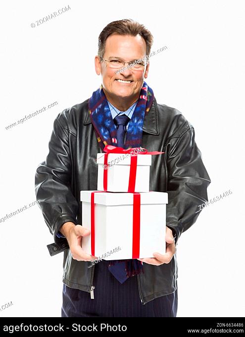 Handsome Man Wearing Black Leather Jacket and Holiday Scarf Holding Christmas Gifts Isolated on White Background