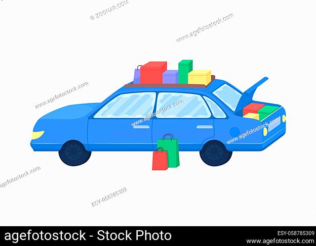 Car with purchased goods flat color vector object. Auto with bags from seasonal sale. Automobile for family shopping isolated cartoon illustration for web...