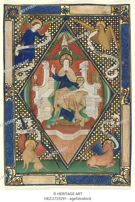 Canon Page from a Missal: Christ in Majesty with Evangelists, c. 1410. Creator: Unknown