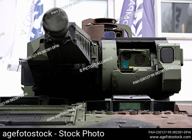 27 January 2023, Hesse, Kassel: Detail of a locally produced ""Puma"" infantry fighting vehicle at the entrance to the Krauss-Maffei Wegmann defense company