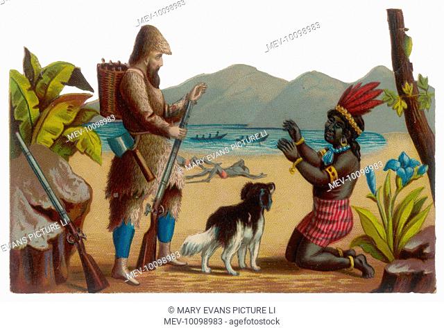 Robinson Crusoe and his dog with Man Friday