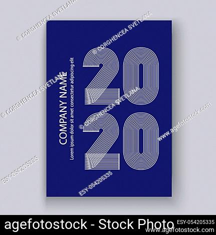 Cover Annual Report numbers 2020 in thin lines. Year 2020 text design in colour trend white on blue phantom abstract background. Vector illustration