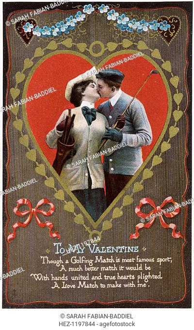 Valentine card with golfing theme, Germany, 1912. Made in Saxony for export to the United States