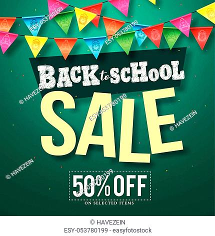 Back to school sale vector design with colorful streamers hanging and sale text in green background for educational promotion. Vector illustration