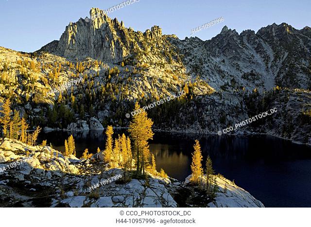 Prusik Peak rises over Lake Viviane at sunrise in the Enchantments section of the Alpine Lakes Wilderness
