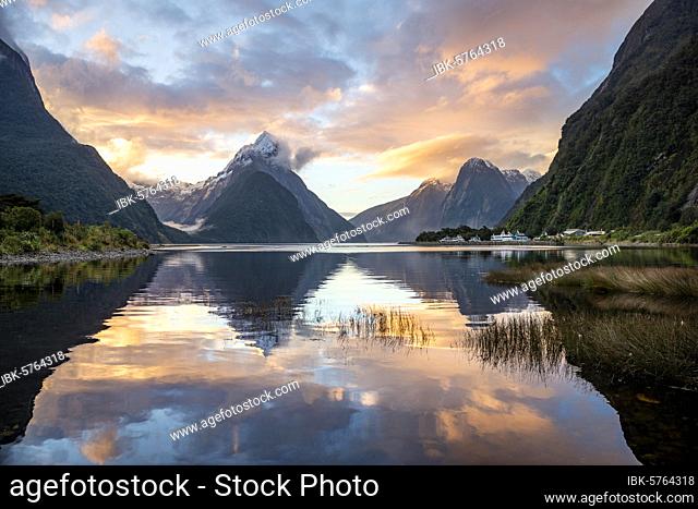Mitre Peak, reflection in water, sunset, Milford Sound, Fiordland National Park, Te Anau, Southland, South Island, New Zealand, Oceania