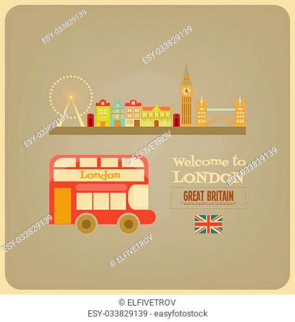 London. English Postcard with Red Bus. Vector Illustration