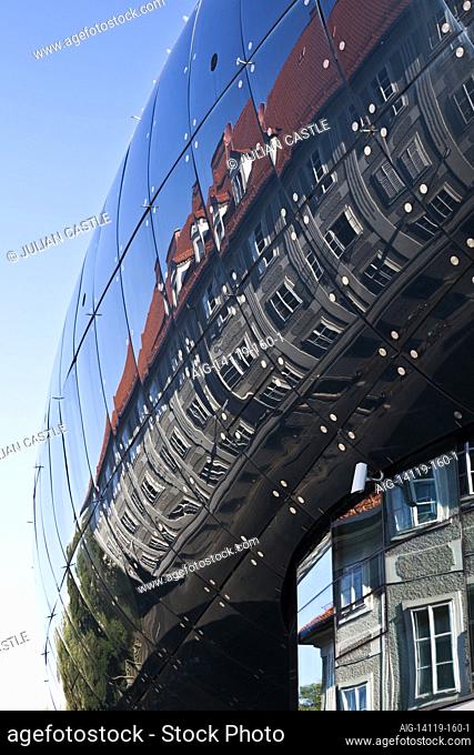 Reflection in the glass cladding facade of the kunsthaus, Graz (2003), Styria, Austria