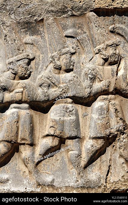 Close up of the sculpture of the twelve gods of the underworld from the 13th century BC Hittite religious rock carvings of YazÄ±lÄ±kaya Hittite rock sanctuary