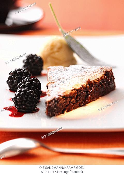 Chocolate cake with blackberries and chestnut ice cream