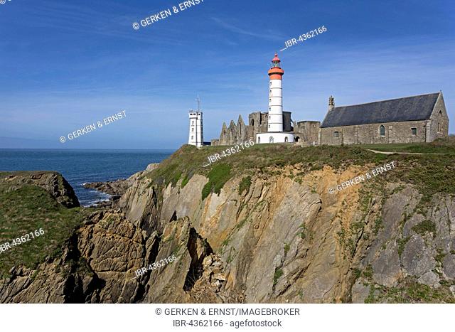 Pointe de St-Mathieu, Lighthouse with military tower and Abbey, Brittany, France