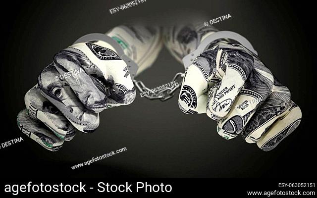 Handcuffed hands with dollar texture. 3D illustration