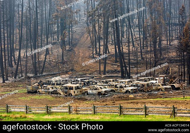 vehicle graveyard after a forest fire, British Columbia 2017 forest fire, Chilcotin region, British Columbia, Canada