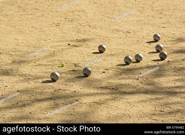 Petanque, boules game, balls in sand, Auvergne-Rhone-Alpes, France, Europe