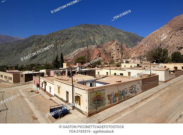 Pumamarca, Jujuy, Argentina. It belongs to the department of Tumbaya and was founded in 1594. The village of Purmamarca is located on the hill of the seven...