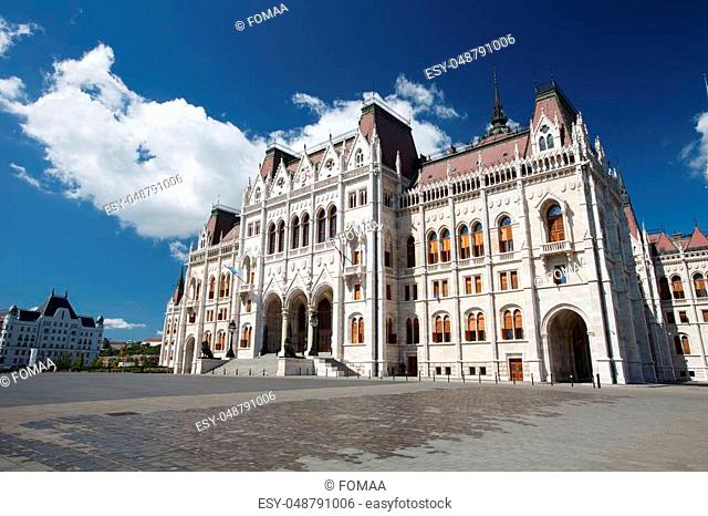wide angle view of another side of the Hungarian parliament building, summer sunny day. Budapest, Hungary