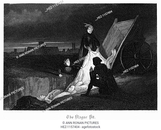 'The Plague Pit', 1855. Consigning bodies of victims of the plague to a communal grave during the Plague of London, 1665