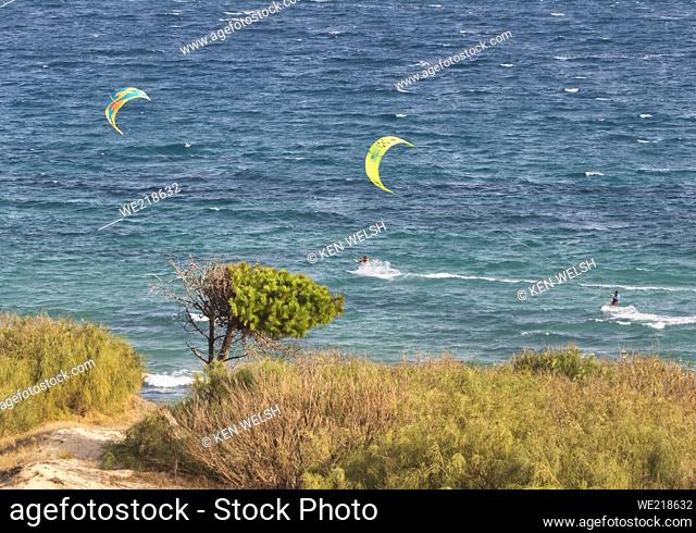 Windsurfers at Valdevaqueros Beach, Punta Paloma, Tarifa, Costa de la Luz, Cadiz Province, Andalusia, southern Spain