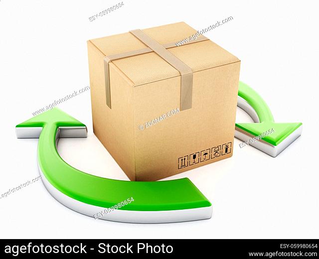 Cardboard box standing among the recycle arrows. 3D illustration