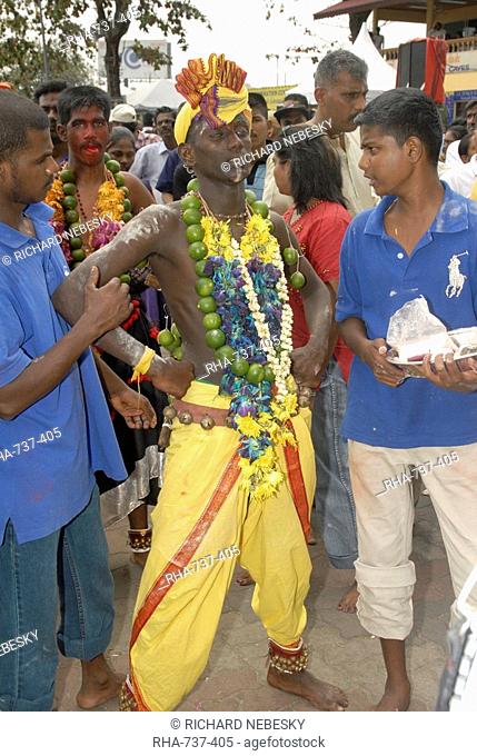 Pilgrim in trance during the Hindu Thaipusam Festival during walk from Sri Subramaniyar Swami Temple up to Batu Caves, Selangor, Malaysia, Southeast Asia, Asia