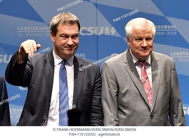 v.li: Mark SOEDER (Minister President of Bavaria), gesture, schent after to the bottom, Horst SEEHOFER (CSU chairman). CSU campaign with Markus SOEDER (Prime...