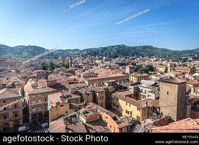 Bologna, capital and largest city of the Emilia Romagna region in Italy - view from Basilica of San Petronio with Torre Galluzzi