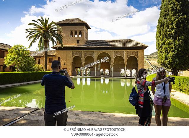 Torre de las Damas. Gardens, Alberca & fountains. El Partal, Nazaries palaces. Alhambra, UNESCO World Heritage Site. Granada City