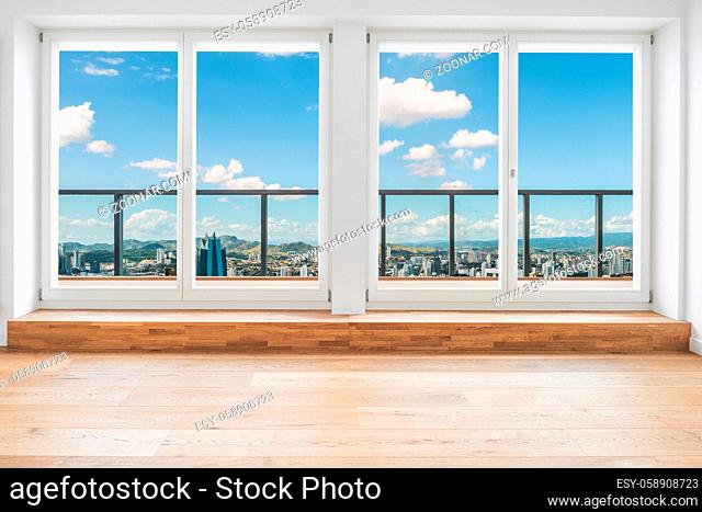 inside modern penthouse apartment room with view over skyline through window