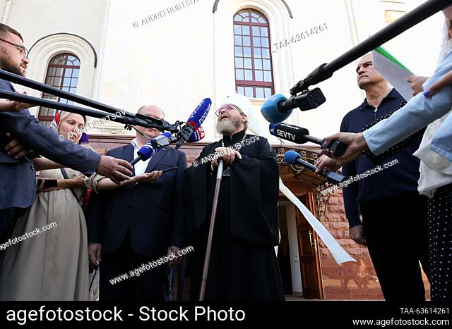 RUSSIA, SIMFEROPOL - OCTOBER 21, 2023: Newly-appointed Metropolitan Tikhon of Simferopol and Crimea talks to journalists outside the Alexander Nevsky Cathedral
