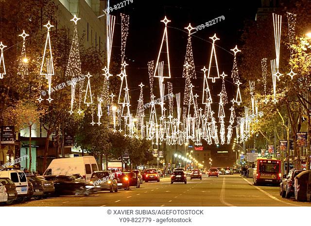 Christmas lights at Ronda de Sant Pere, Barcelona. Catalonia, Spain