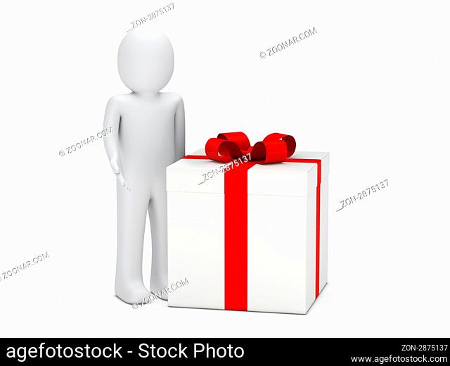 3d man stand next a gift box