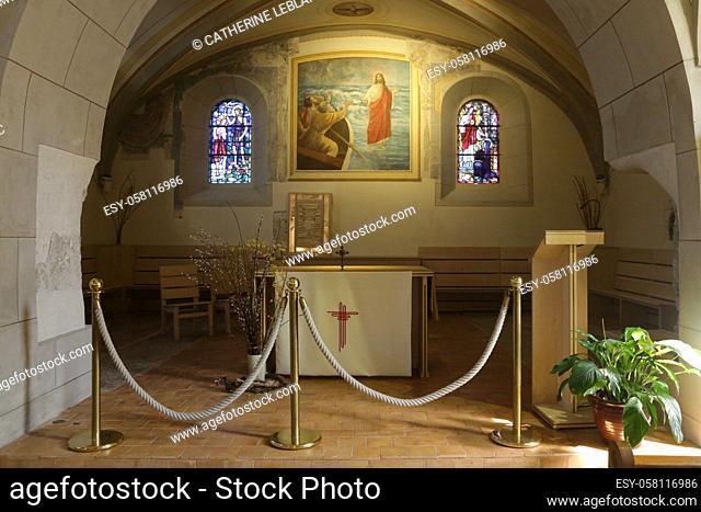 Altar. Saint-Pancrace d'Yvoire church. Yvoire. Haute-Savoie. Auvergne Rhône-Alpes. France. Europe