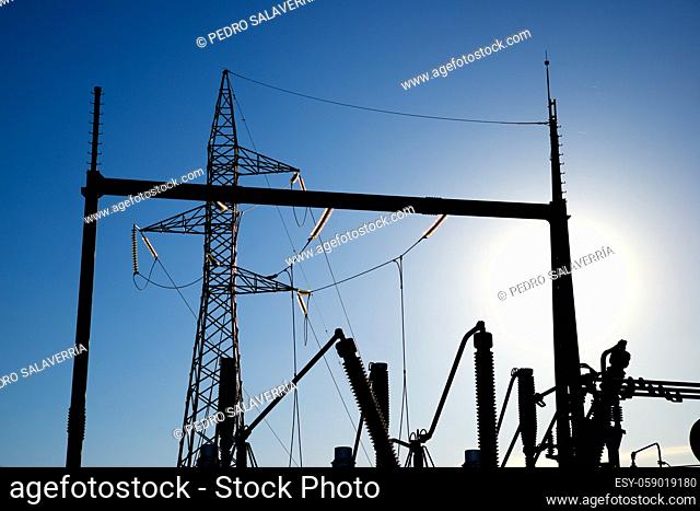 Electrical substation view in Huesca province, Aragon in Spain
