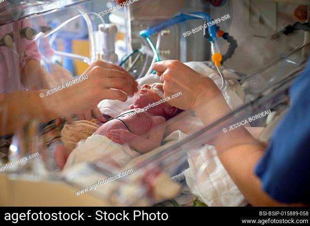 A mother participates in the care of her premature newborn baby